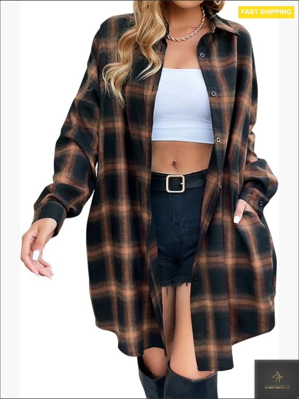 Women's Plaid Button Down Flannel Shirt Long Sleeve Oversized Shacket Jacket